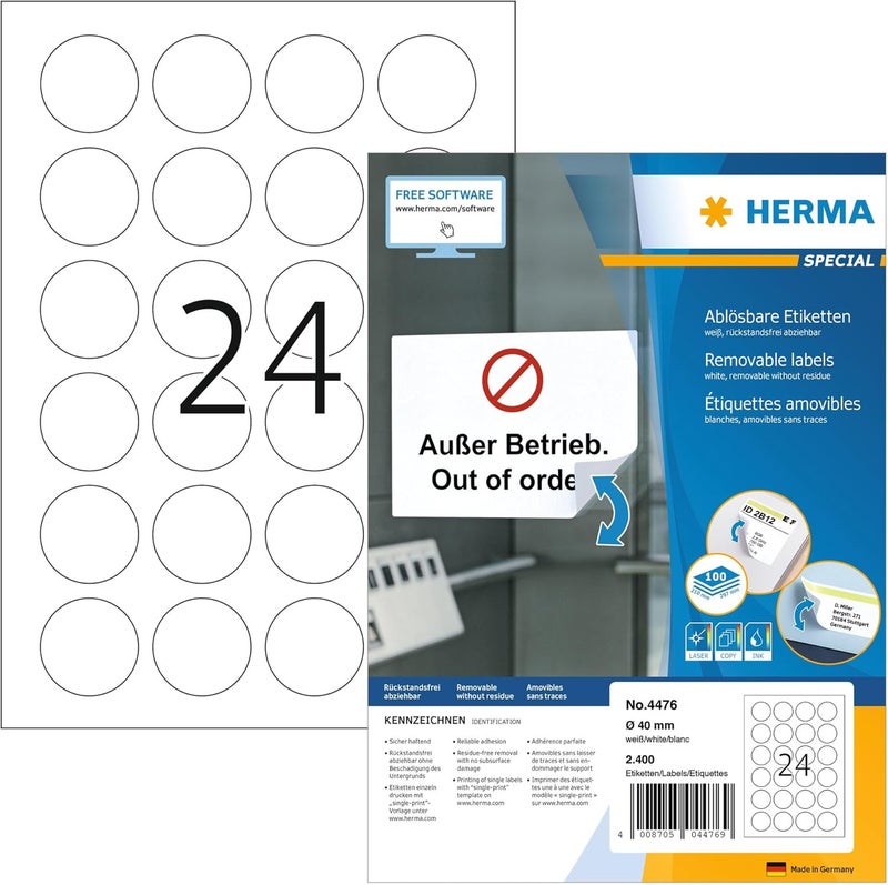 Herma 4476 Universal Labels Removable Round 100 Sheets Diameter 40 mm 24 per A4 Sheet Pack of 2400 Self-Adhesive Printable Matt Blank Paper Adhesive Labels Stickers White - Image 1