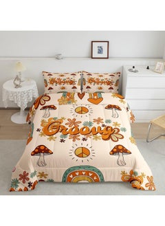 Erosebridal Cute Mushroom Comforter Full for Kids Boys Girls, Groovy Flower Bedding Set 1960s 1970s Funky Floral Doodle Quilt Set, Cartoon Rainbow Swirls 60s 70s Duvet Insert with 2 Pillowcases Ultra Warm  - Image 1