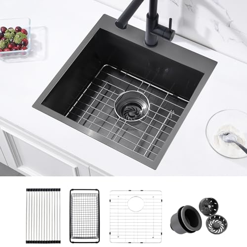 ZDHHT 18 Black Bar Sink Drop In, ZDHHT 18 x 18 x 10 Inches 16 Gauge T304 Black Stainless Steel Topmount Small Kitchen Sink Bar Prep Sink Island Outdoor Laundry Square - Image 1
