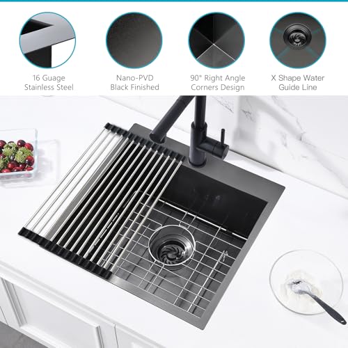ZDHHT 18 Black Bar Sink Drop In, ZDHHT 18 x 18 x 10 Inches 16 Gauge T304 Black Stainless Steel Topmount Small Kitchen Sink Bar Prep Sink Island Outdoor Laundry Square - Image 4