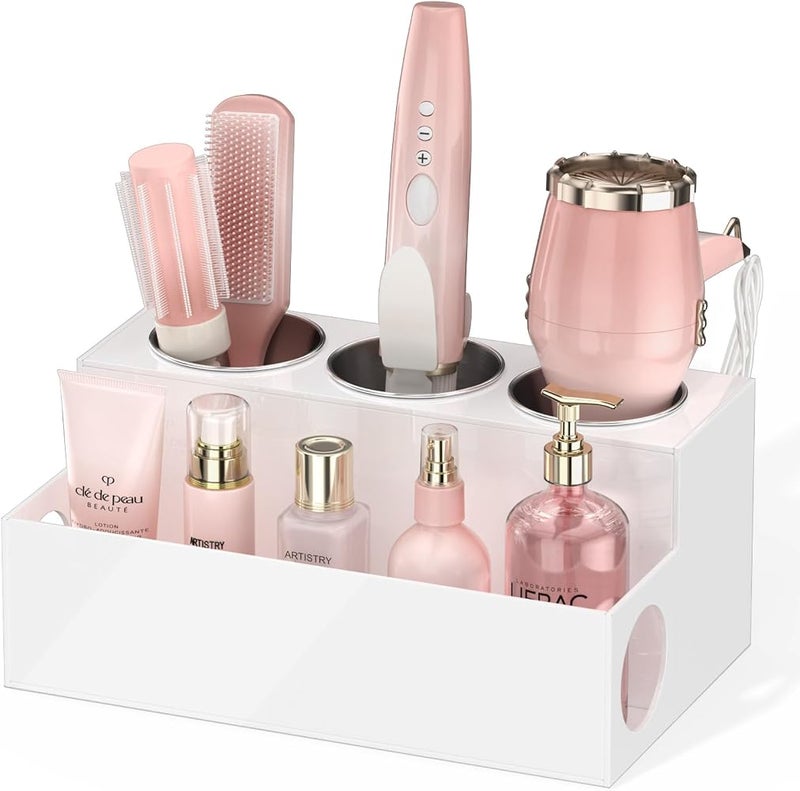 NIUBEE Hair Tool Organizer, White Acrylic Hair Dryer and Styling Holder, Bathroom Countertop Blow Dryer Holder, Vanity Caddy Storage Stand for Accessories, Makeup, Toiletries - Image 1