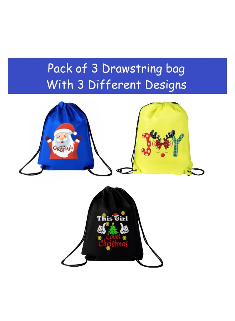 Pack Of 3 Drawstring Bags With Christmas Design For Girls-Durable Sports Backpack For Kids,Great For School And Everyday Use,Lightweight With Print For Everyday Use - Image 2