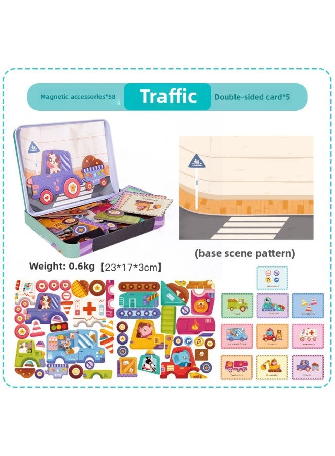 Iron Box Magnetic Dress Up Game Creative Combination Animal Dinosaur Vehicle Expression Varieties Creative Puzzle Toy-Color:XHN-Traffic  - Image 1