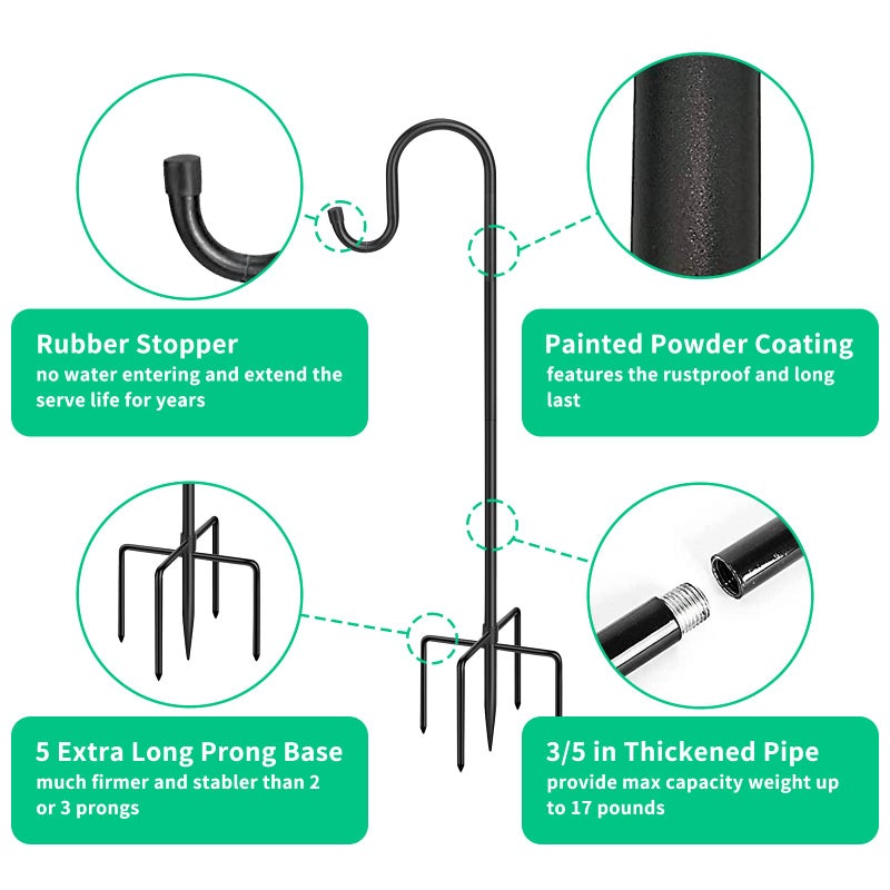 HIEDUYT 5-Prong Shepherd Hooks for Outdoor 2 Pack Heavy Duty Iron Garden Hooks for Hanging Plants, Bird Feeders, Lanterns, Solar Lights, and Wedding Decor â€“ Rust-Resistant, Adjustable, Easy to Install 48 Inch - Image 5