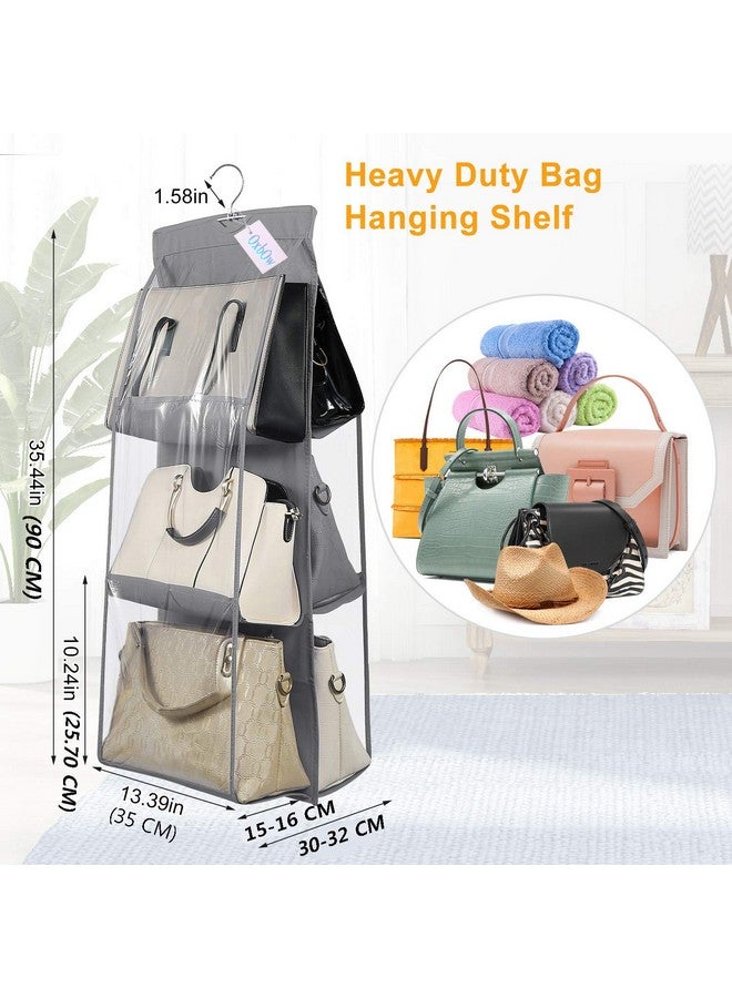 OxbOw Non-Woven Fabric 2Pcs Combo 6 Pocket Foldable Hanging Purse Handbag Organizer For Storage Ladies Women Large Clear Hand Bag Storage Organizer (2 Pcs Grey + Black) - Image 2
