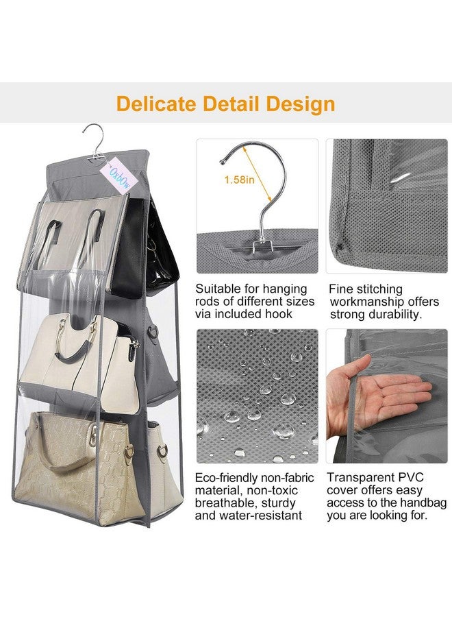 OxbOw Non-Woven Fabric 2Pcs Combo 6 Pocket Foldable Hanging Purse Handbag Organizer For Storage Ladies Women Large Clear Hand Bag Storage Organizer (2 Pcs Grey + Black) - Image 4