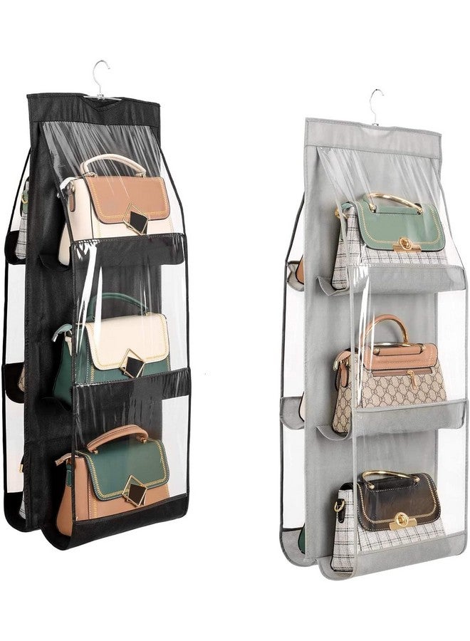 OxbOw Non-Woven Fabric 2Pcs Combo 6 Pocket Foldable Hanging Purse Handbag Organizer For Storage Ladies Women Large Clear Hand Bag Storage Organizer (2 Pcs Grey + Black) - Image 1