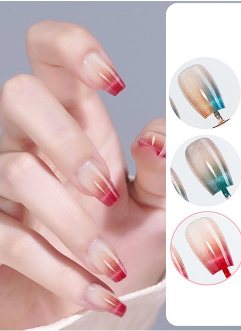 Medium Sunset Red Gradient Glossy Press-On Nails, Medium Natural French Manicure, Crystal False Nails, Glue Set Included