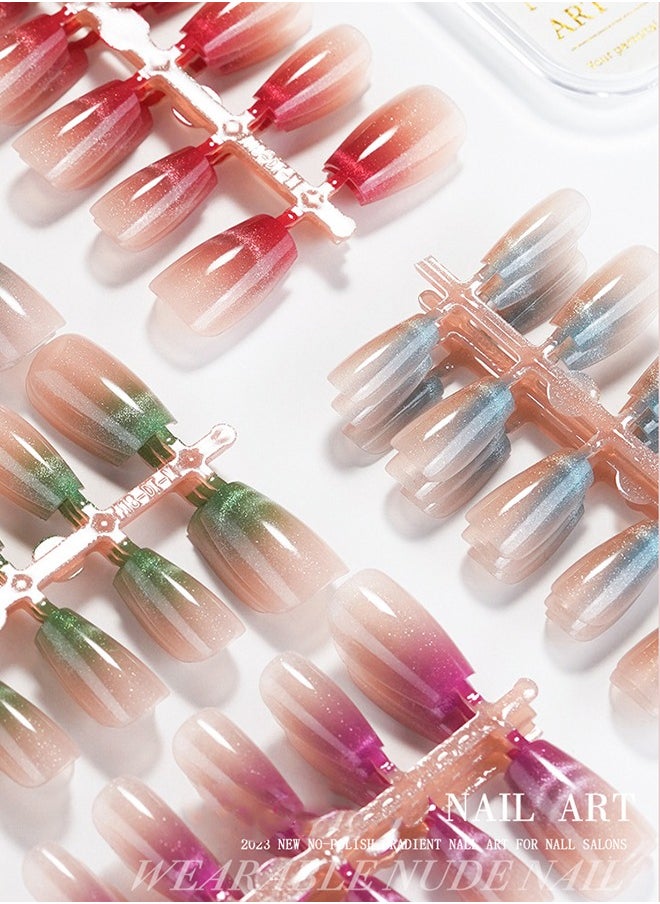 ElegaNail Medium Sunset Red Gradient Glossy Press-On Nails, Medium Natural French Manicure, Crystal False Nails, Glue Set Included  - Image 3