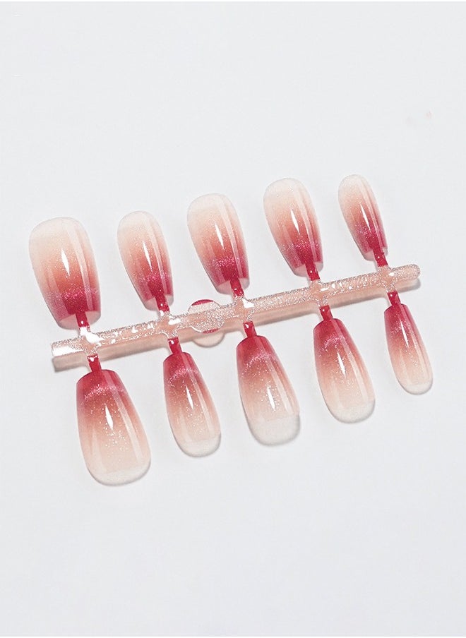 ElegaNail Medium Sunset Red Gradient Glossy Press-On Nails, Medium Natural French Manicure, Crystal False Nails, Glue Set Included  - Image 2