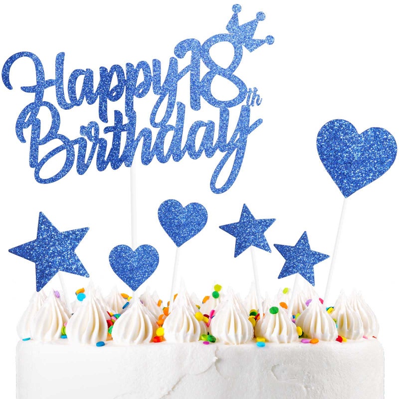 YIRAN Personalised Happy 18th Birthday Cake Toppers Birthday Cake Decorations Blue for Boys Girls Kids, Double Sided Glitter Cupcake Topper Cake Topper Kit Sweet 18 Years Birthday Party Cake Décor Supplies - Image 1