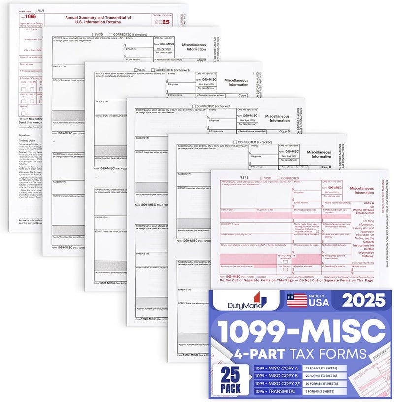 Dutymark 1099 MISC Forms 2025 Laser Tax Forms 4 Part Kit for 25 Individuals - Designed for QuickBooks and Accounting Software 1099 Misc 2025 - Image 1