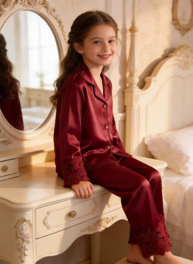 Take Two Girls Maroon Satin Long Sleeve And Full Length Pants Pyjama Set With Lace Trim