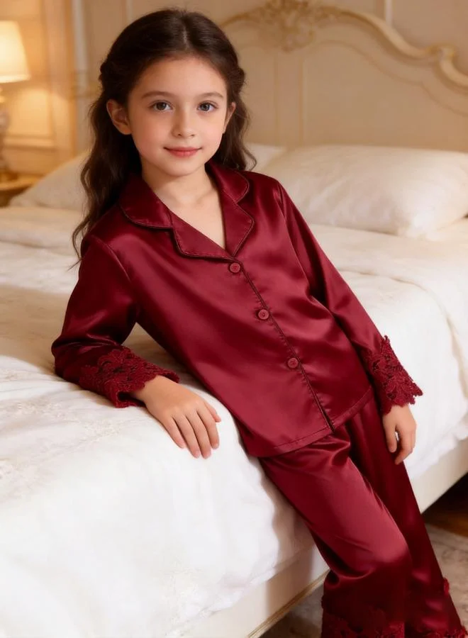 Take Two Girls Maroon Satin Long Sleeve And Full Length Pants Pyjama Set With Lace Trim