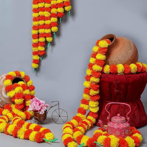 DRYPHON Artificial Marigold Garlands, Diwali Decoration Combo Pack of 10 (5 Orange and 5 Multicolor) for Home Decor and Pooja Room Decorations - Image 5