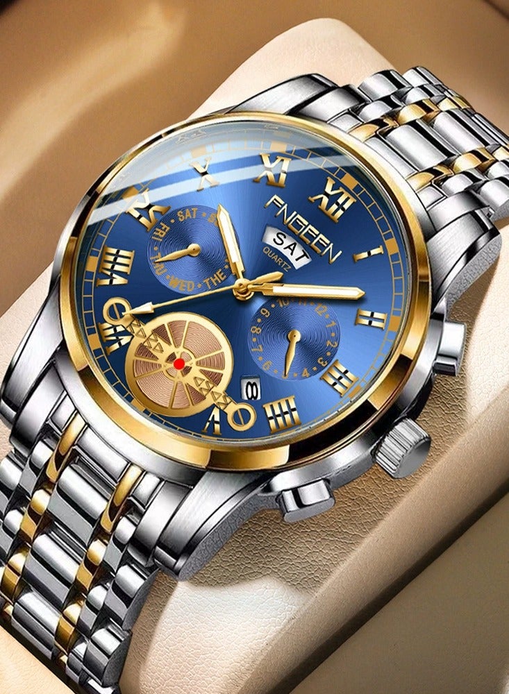 FNGEEN FNGEEN Men's Watches Top Luxury Brand Fashion Quartz Men Watch Calendar Waterproof Gold Steel Business Wristwatch - Image 1