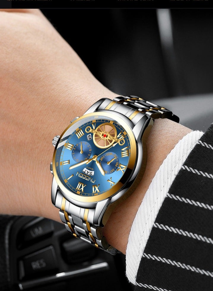 FNGEEN FNGEEN Men's Watches Top Luxury Brand Fashion Quartz Men Watch Calendar Waterproof Gold Steel Business Wristwatch - Image 2