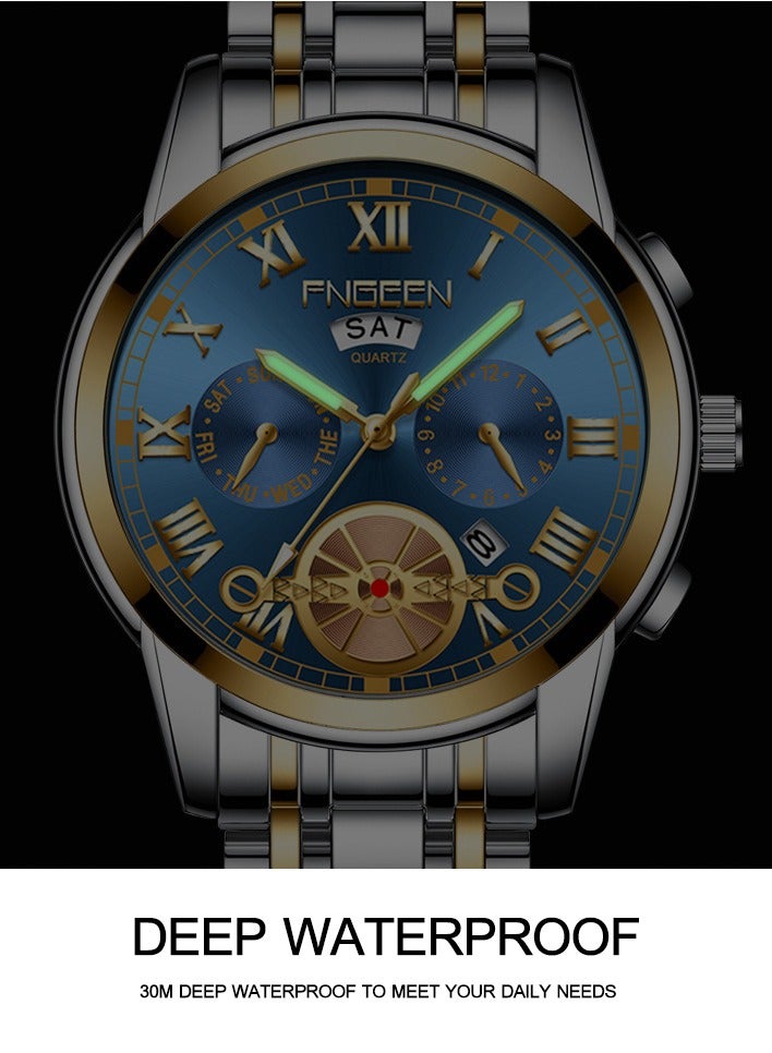 FNGEEN FNGEEN Men's Watches Top Luxury Brand Fashion Quartz Men Watch Calendar Waterproof Gold Steel Business Wristwatch - Image 3