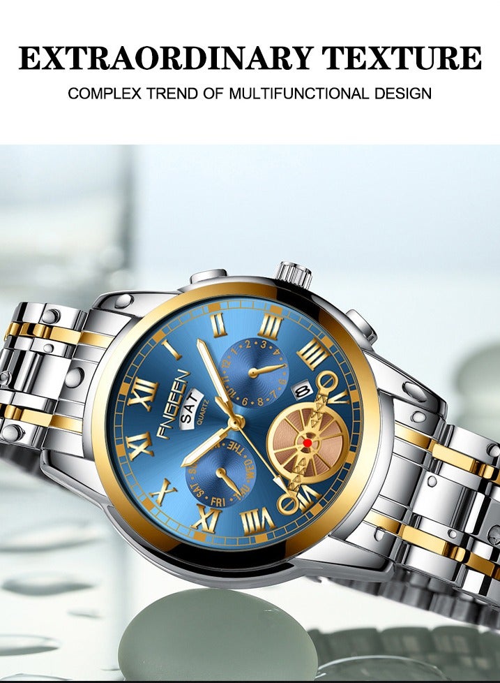 FNGEEN FNGEEN Men's Watches Top Luxury Brand Fashion Quartz Men Watch Calendar Waterproof Gold Steel Business Wristwatch - Image 5