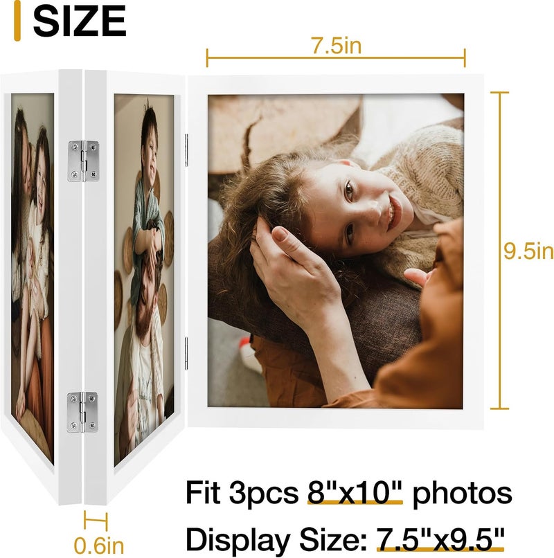 decorUhome Triple 8X10 Picture Frame Vertical, Engineered Wood Trifold Photo Frame with Plexiglass for Tabletop Display, 8X10, White - Image 4