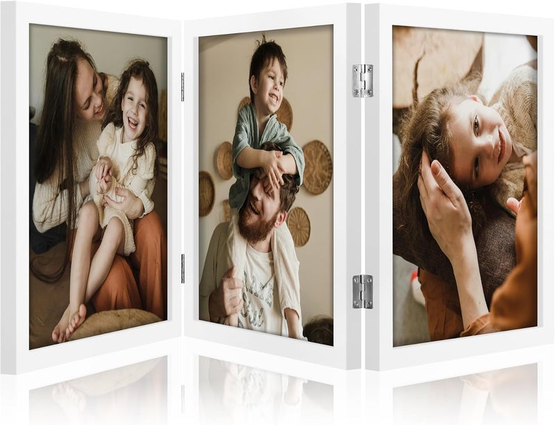 decorUhome Triple 8X10 Picture Frame Vertical, Engineered Wood Trifold Photo Frame with Plexiglass for Tabletop Display, 8X10, White - Image 1