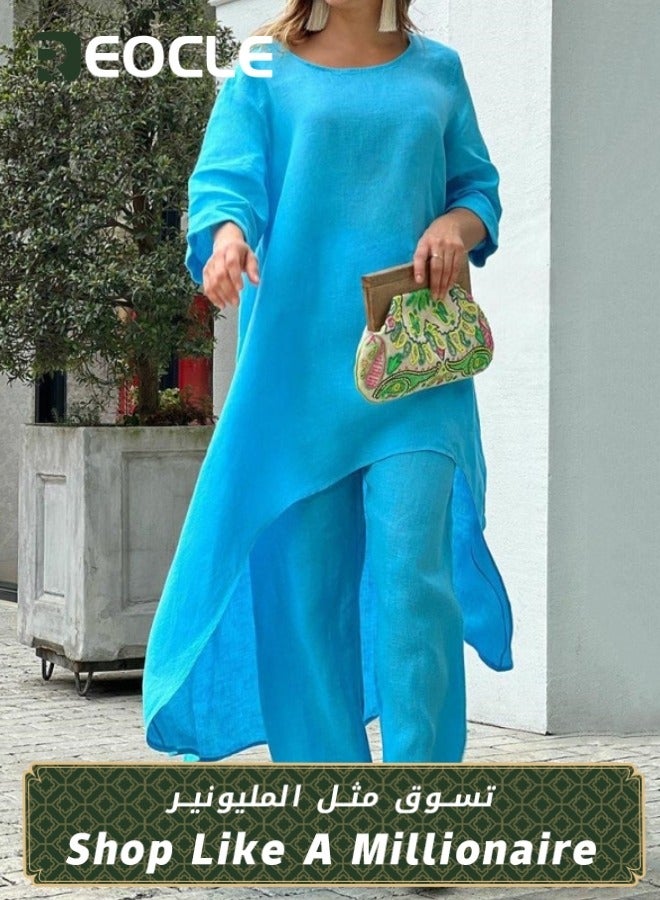 ريوكل طقم مكون من قطعتين من قطع علوية صيفية فضفاضة وبنطلون بأرجل واسعة للسيدات - Image 1