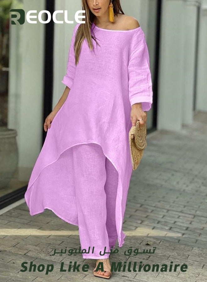 ريوكل طقم مكون من قطعتين من قطع علوية صيفية فضفاضة وبنطلون بأرجل واسعة للسيدات - Image 3