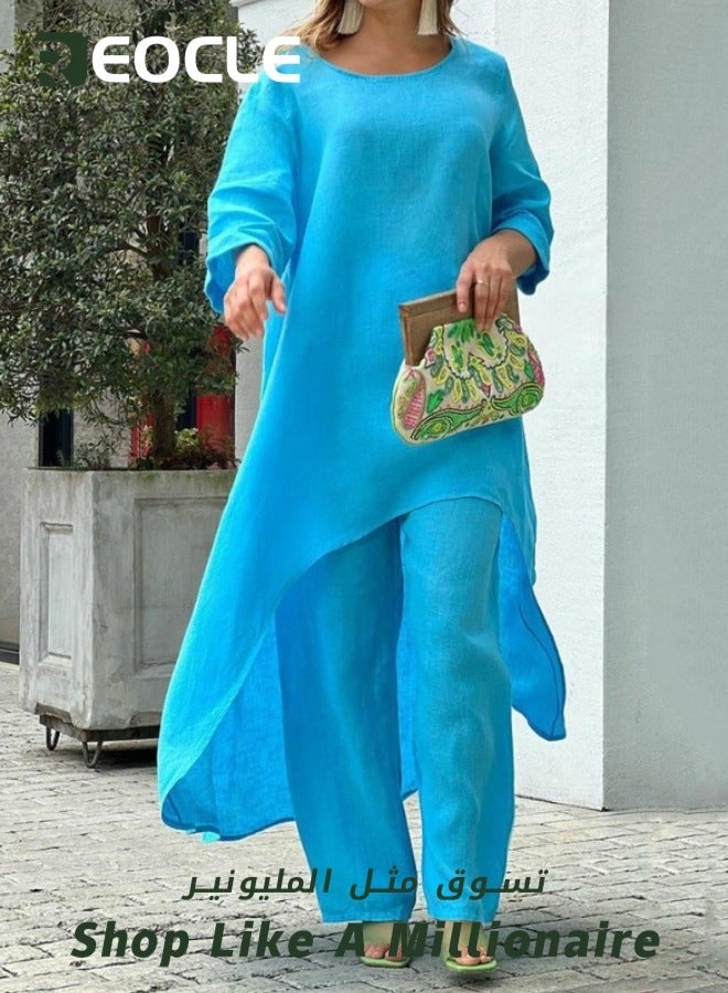 ريوكل طقم مكون من قطعتين من قطع علوية صيفية فضفاضة وبنطلون بأرجل واسعة للسيدات - Image 2