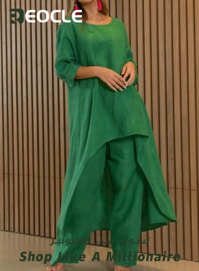 ريوكل طقم مكون من قطعتين من قطع علوية صيفية فضفاضة وبنطلون بأرجل واسعة للسيدات - Image 5