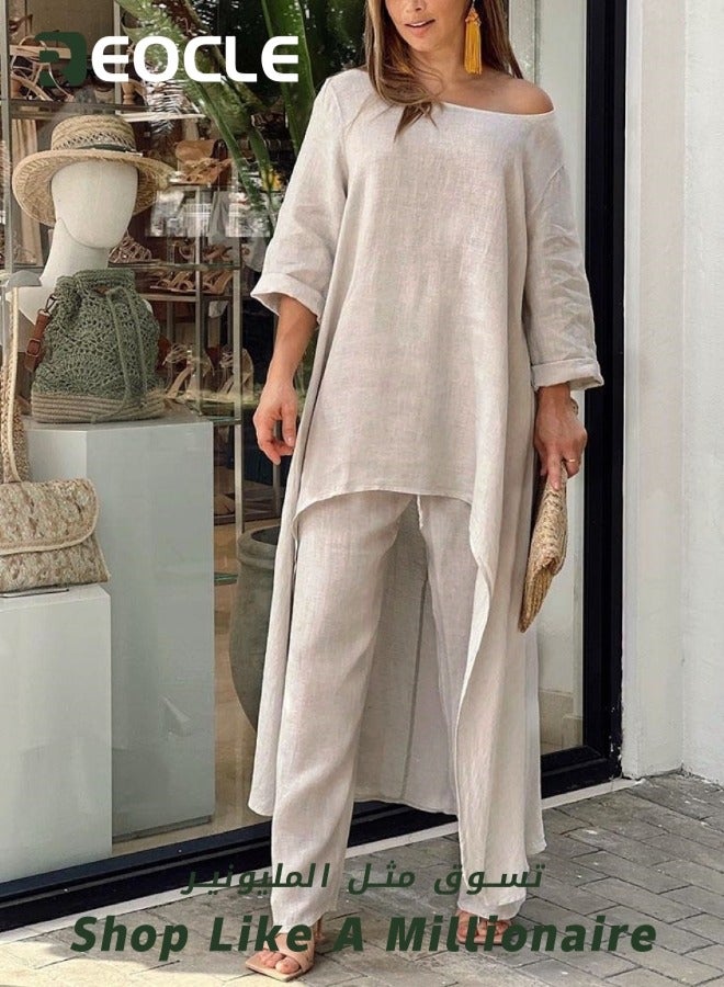 ريوكل طقم مكون من قطعتين من قطع علوية صيفية فضفاضة وبنطلون بأرجل واسعة للسيدات - Image 4