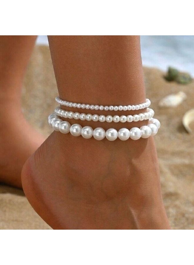 طقم خلخال لؤلؤي مصنوع يدويًا، أبيض، خرز زجاجي، بتصميم بوهيمي، سوار نسائي من 3 قطع