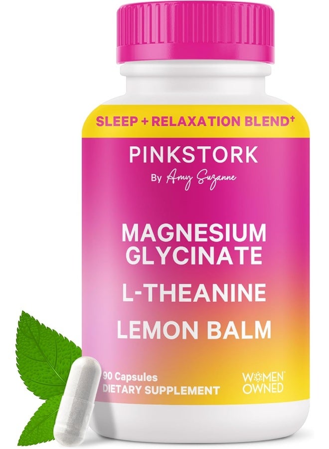 Pink Stork مغنيسيوم جليسينات من بينك ستورك، L-ثيانين، بلسم الليمون - مغنيسيوم خالي من الميلاتونين لدعم النوم - هدوء واسترخاء طبيعي - 90 كبسولة - Image 1