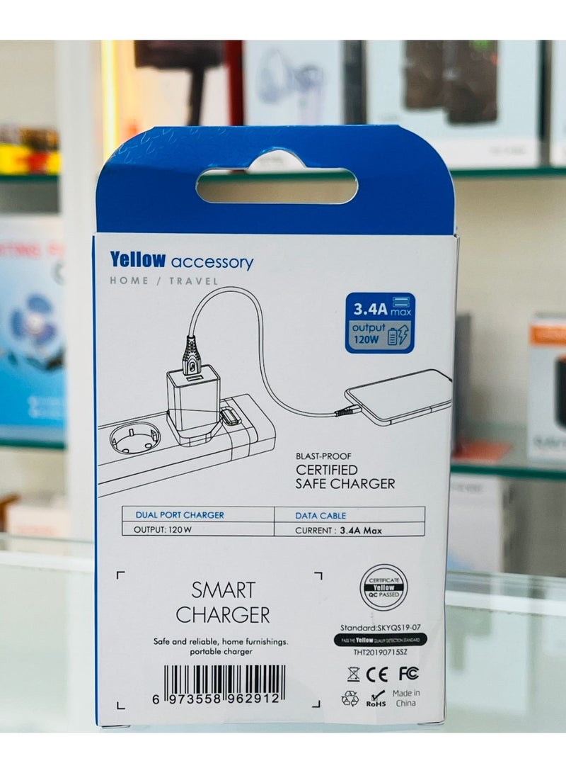 Yellow BO-Y205V USB Fast Charger Dual Port with 1M Micro Cable - Image 2