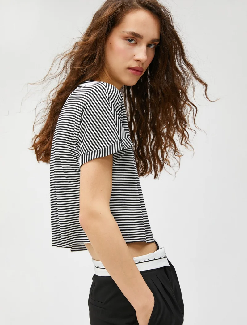 كوتون Crop T-Shirt Crew Neck Short Sleeve Viscose Blended