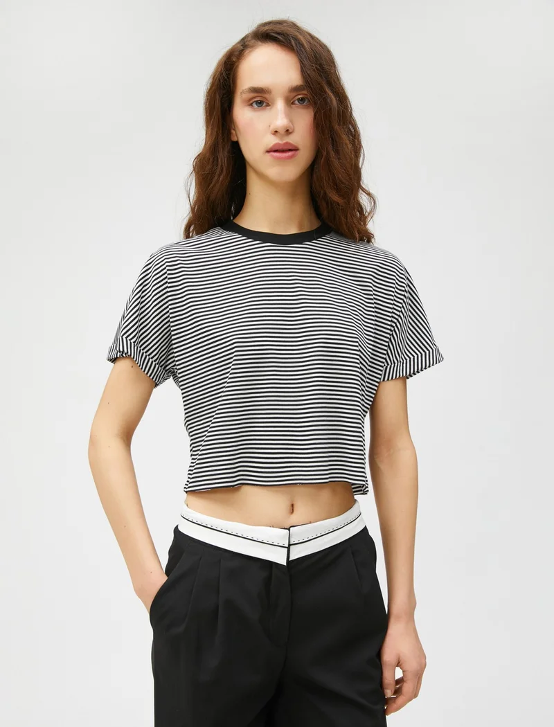 كوتون Crop T-Shirt Crew Neck Short Sleeve Viscose Blended