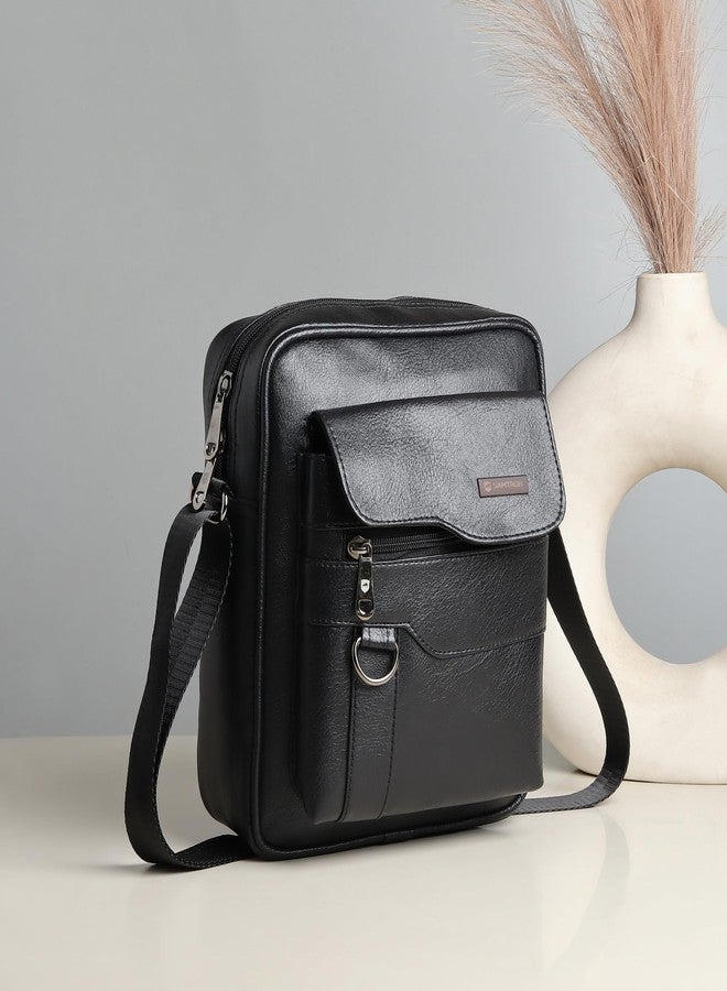 SAMTROH Vegan Leather Small Sling Bag for Men | Chest Slinger Bag | Crossbody Bag| Side Bag Men | Mini Leather Slings | Corporate Gift Item | Passport Sling (Black) - Image 2