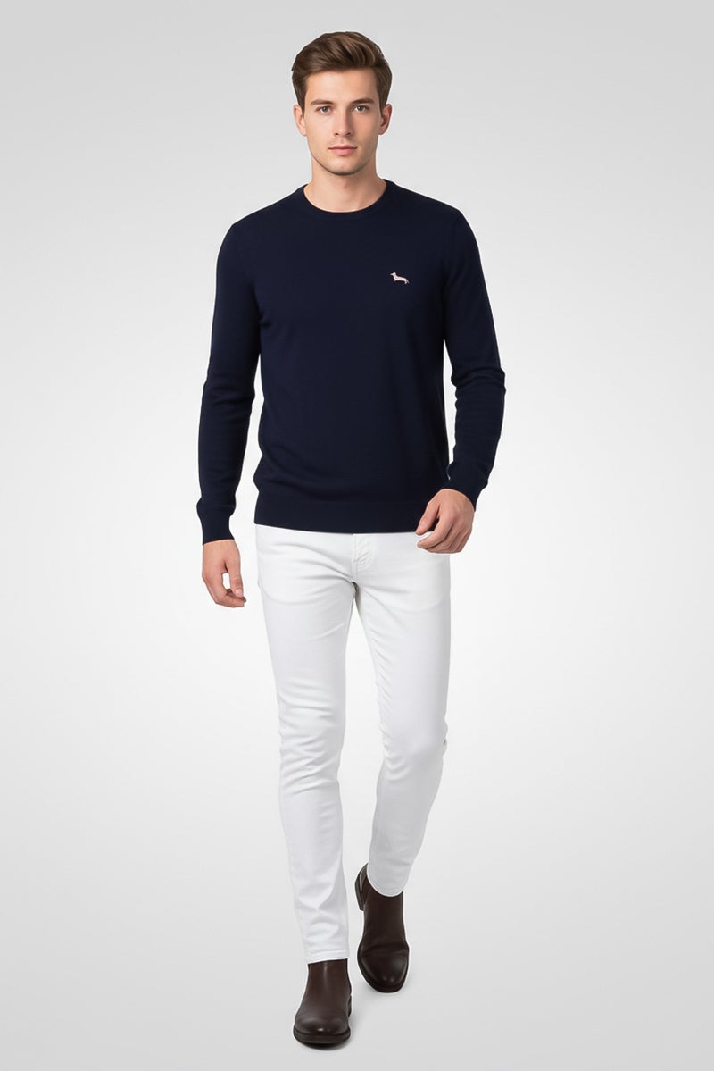 Harmont & Blaine Men Ribbed Neck Embroidered Logo Sweater, Navy - Image 1
