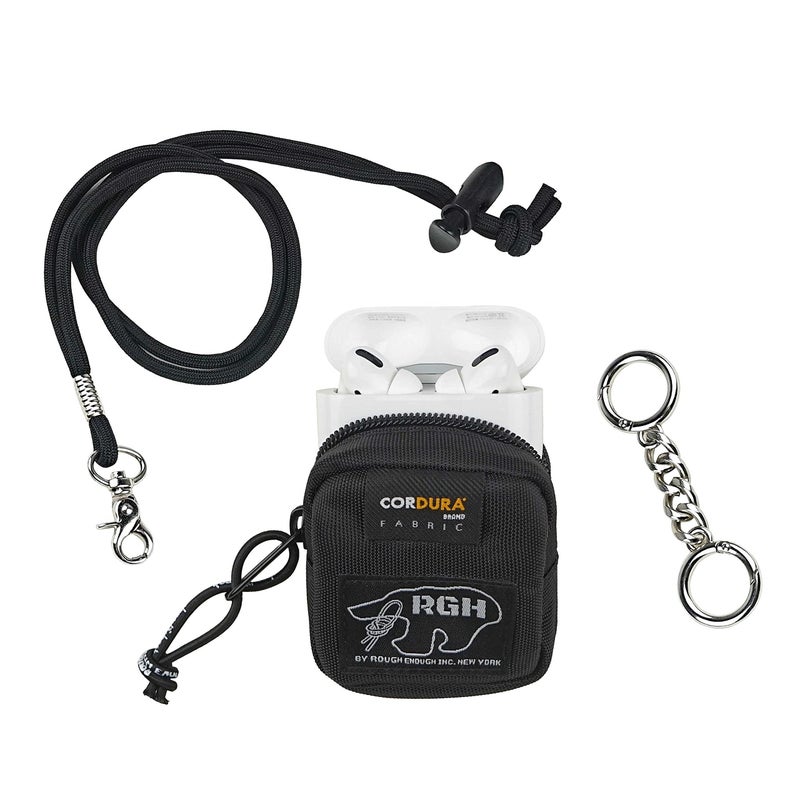 RE ROUGH ENOUGH Rough Enough Earbud Case Pouch Headphone Storage Bag with Lanyard Neck Keychain for Earphone Earbuds Wireless Bluetooth Black - Image 1