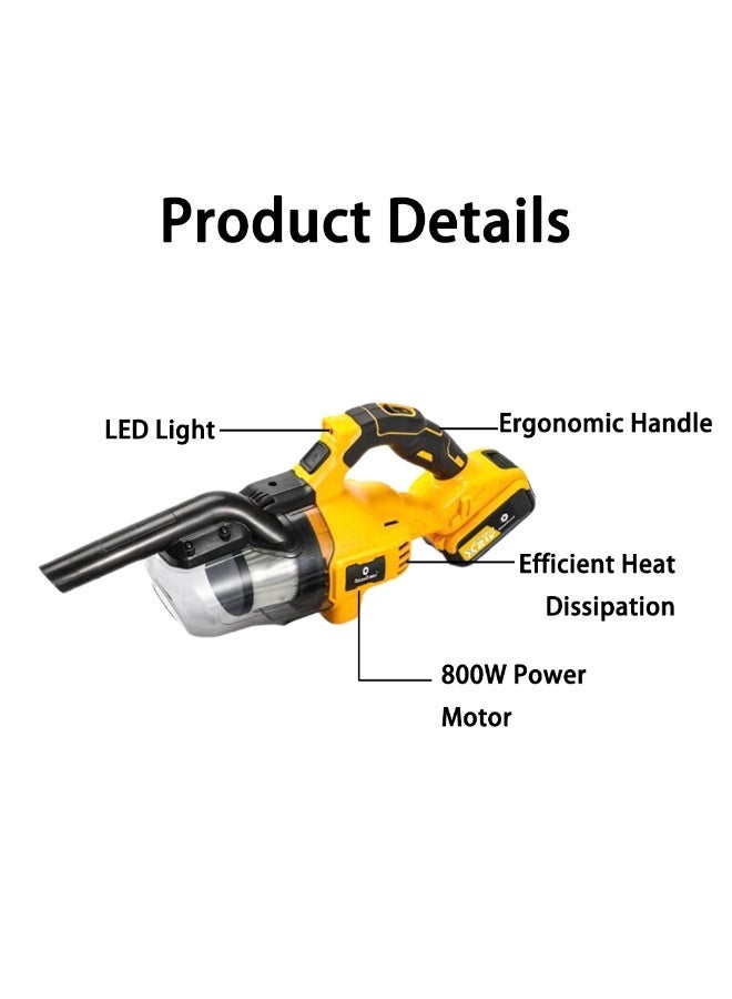 جيرزون مكنسة جير زون 5 في 1 لاسلكية مع بطاريتين 21 فولت 4.0 أمبير، منظف كهربائي محمول باليد مع محرك قوي 800 وات، 46 قدم مكعب في الدقيقة محمول مع فلتر HEPA للأرضيات والسجاد والسيارات - أصفر - Image 2