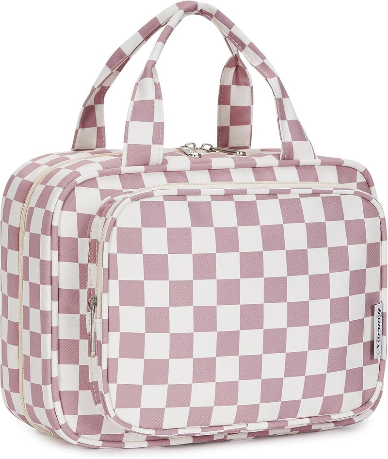 Narwey Narwey Hanging Toiletry Bag for Women Travel Makeup Bag Organizer Toiletries Bag for Travel Size Essentials Accessories Cosmetics (Dusty Rose Checkerboard (Medium)) 