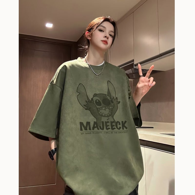Cross-border DISROBEING summer suede cartoon Hong Kong style printed T-shirt American oversize Stitch T-shirt - Image 2