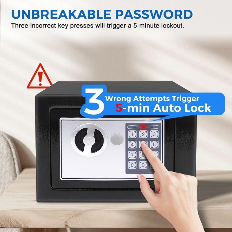 صندوق أمان نقدي رقمي مزود برمز PIN ومفاتيح، 6.6L صندوق أمان منزلي إلكتروني مصنوع من فولاذ سبائكي آمن مع نظام مضاد للسرقة، صندوق أمان منزلي مدمج عالي الأمان - Image 4