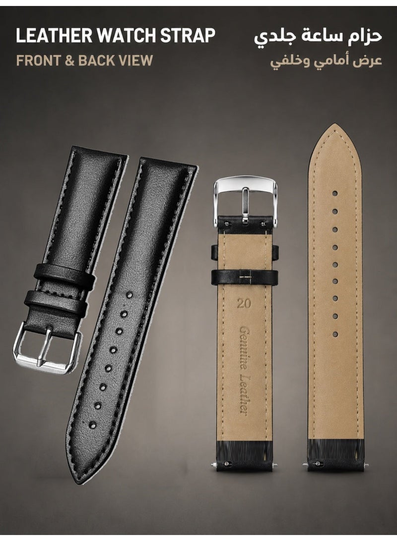 22mm Genuine Leather Watch Strap, Quick Release Replacement Band for Huawei Watch GT 6/5/4 46mm, GT 6 Pro/GT 5 Pro, Garmin, Amazfit and Watches with 22mm Lug Width, Black - Image 2