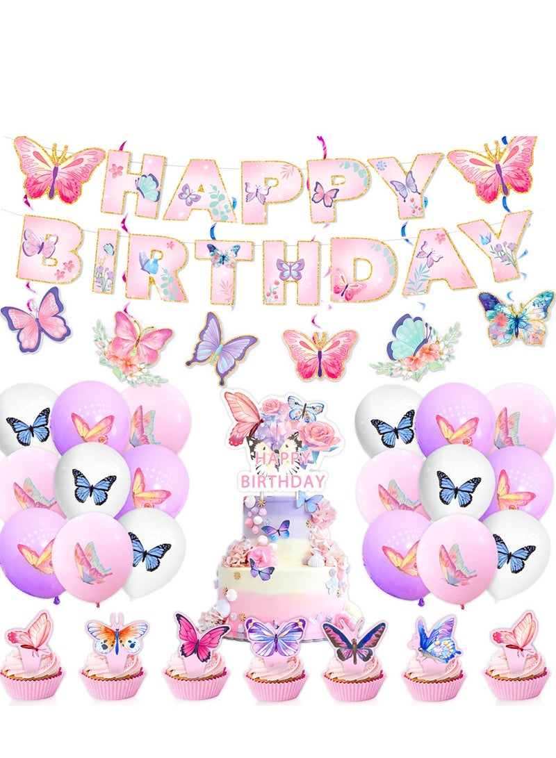 Spring Butterfly Party Decoration Set – 5-Piece Birthday  Celebration Kit with Balloons, Banners, Swirls, and Cake Toppers