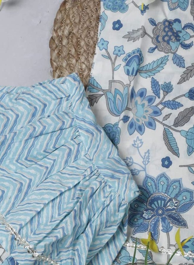 LITTLE DREAMS Baby GirlsEthenic Wear Cotton Floral Printed Kurti With Sharara Dress & Dupatta Set For Kids (Blue 6-7 Years) - Image 5