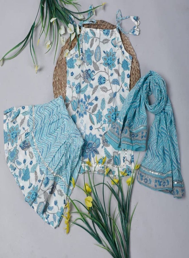 LITTLE DREAMS Baby GirlsEthenic Wear Cotton Floral Printed Kurti With Sharara Dress & Dupatta Set For Kids (Blue 6-7 Years) - Image 3