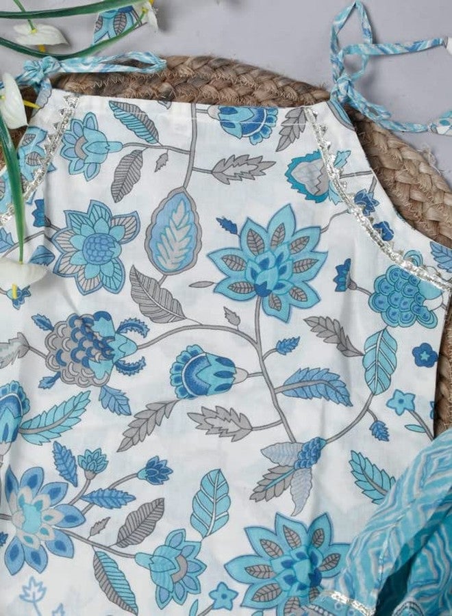 LITTLE DREAMS Baby GirlsEthenic Wear Cotton Floral Printed Kurti With Sharara Dress & Dupatta Set For Kids (Blue 6-7 Years) - Image 4