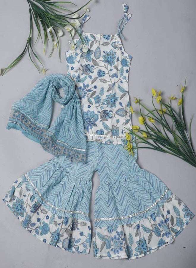 LITTLE DREAMS Baby GirlsEthenic Wear Cotton Floral Printed Kurti With Sharara Dress & Dupatta Set For Kids (Blue 6-7 Years) - Image 2