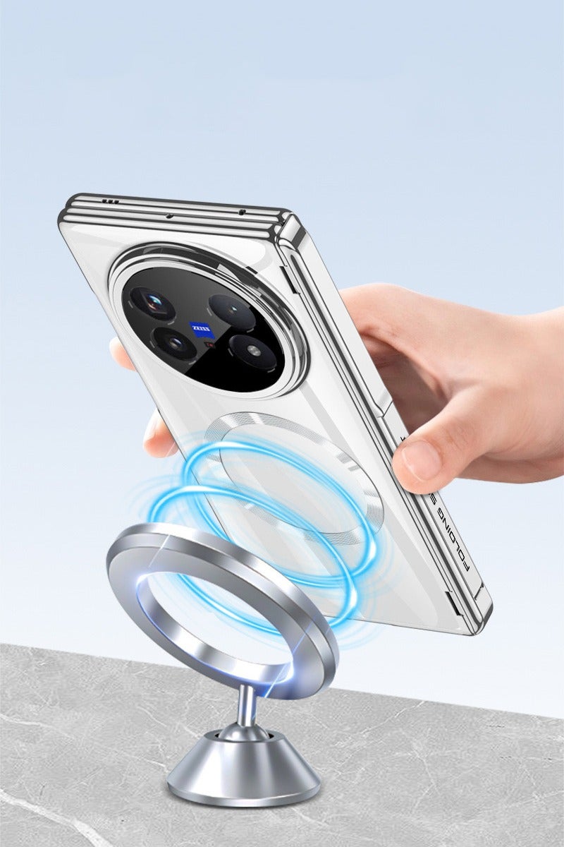 عام غطاء مغناطيسي شفاف لجهاز فيفو اكس فولد 5 جي، مزود بحامي شاشة مدمج ويدعم الشحن اللاسلكي، مع حماية للمفصلة ومقاوم للصدمات وحامل دوار 360 درجة. - Image 2