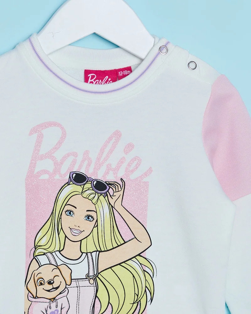Redtag Infant Girls White Barbie Printed Sweatshirt